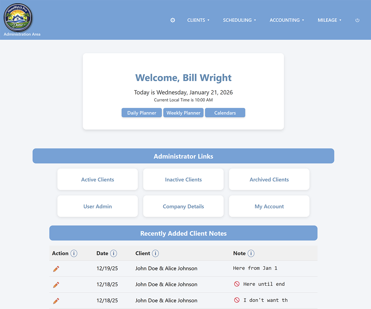 HomeWatch Pro&trade; Software Dashboard